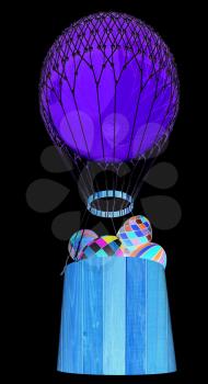 Hot Colored Air Balloon with a basket and Easter eggs inside. 3d render. On a black background.