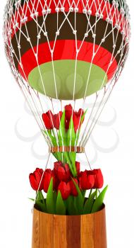 Hot Colored Air Balloon and tulips in a basket. 3d render
