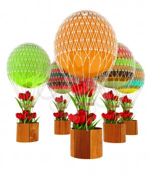 Hot Colored Air Balloons and tulips in a basket. 3d render