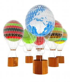Hot Air Balloons and balloon of Earth and a basket. 3d render