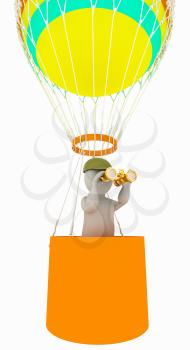 3d man with binoculars in hand on the air balloon. 3d render