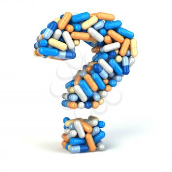 Pills or capsules as a question mark on white isolated background 3d