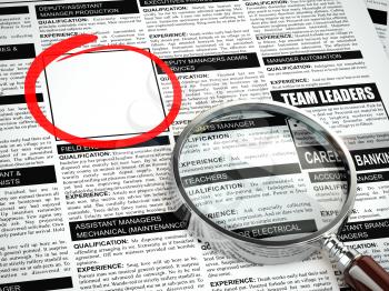 Job search concept. Loupe, newspaper with employment advertisements. Empty fild for text. 3d