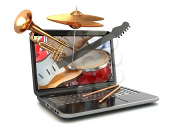 Digital music composer concept. Laptop and musical instruments. Guitar, drums and trumpet. 3d