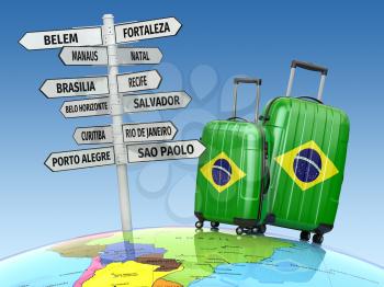 Travel concept. Suitcases and signpost what to visit in Brazil.  3d
