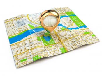 Navigation concept. GPS map of the city and golden pin. 3d