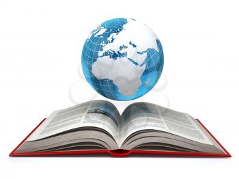 Education internet e-learning concept. Earth and open book isolated on white. 3d