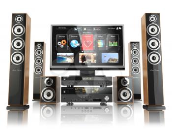 Home cinemar system. TV,  oudspeakers, player and receiver  isolated on white. 3d