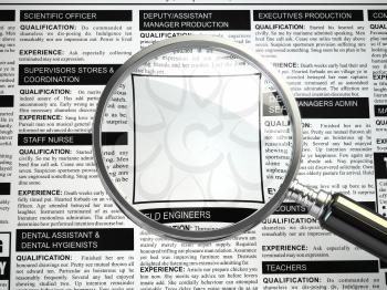 Job search concept. Loupe, newspaper with employment advertisements. Empty fild for text. 3d