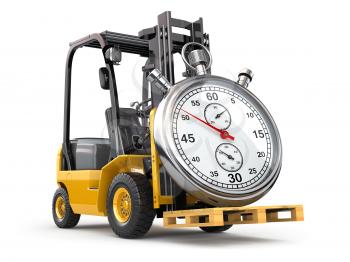 Forklift truck with stopwatch .Express delivery concept. 3d