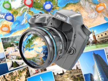 Digital photo camera on background from earth and photographs. 3d