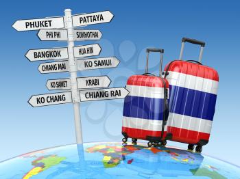 Travel concept. Suitcases and signpost what to visit in Thailand. 3d
