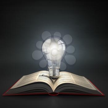 Luminous light bulb on open book. Idea or creativity concept. Education. 3d
