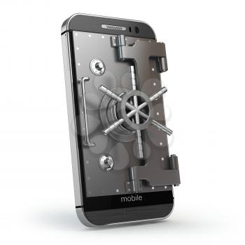 Mobile security concept. Smartphone or cellphone with vault or safe door.3d
