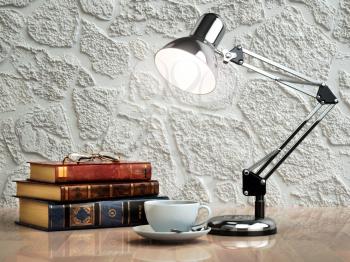 Vintage books coffee cup and desk lamp on the table. Place of work.  3d