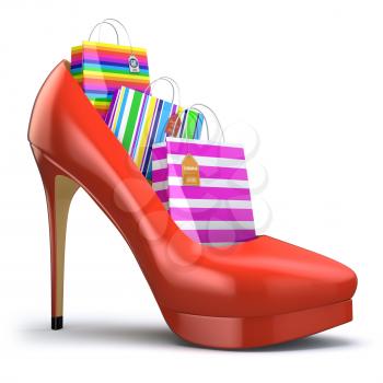 Shopping bags in women high heel shoes. Concept of consumerism. 3d