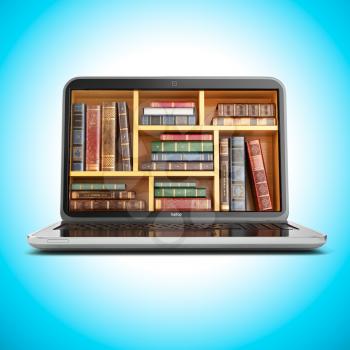 E-learning education internet library or book store. Laptop and vintage books on blue background. 3d
