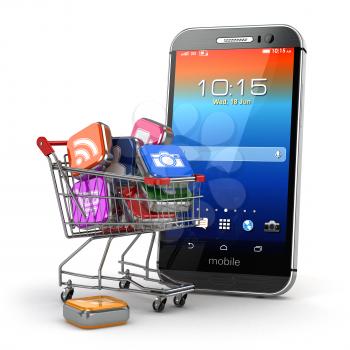 Mobile apps concept. Application software icons in shopping cart and smartphone. 3d