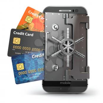 Safety of mobile banking concept. Secure online payment. Smartphone as vault and credit cards. 3d