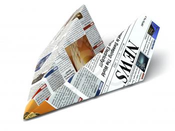Extra news concept. Newspaper as paper airplane. 3d