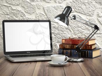 Laptop with books and coffee cup on the vintage desk. Modern stylish workspace. 3d