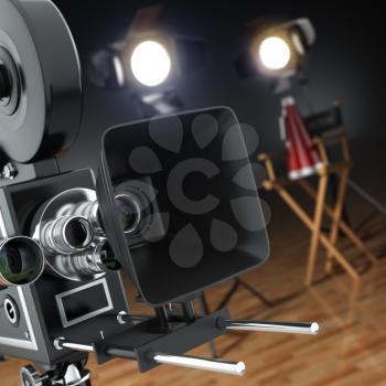 Video, movie, cinema concept. Retro camera, flash and director's chair in dark studio with dof effect. 3d