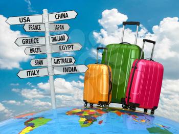 Travel concept. Suitcases and signpost with countries. 3d
