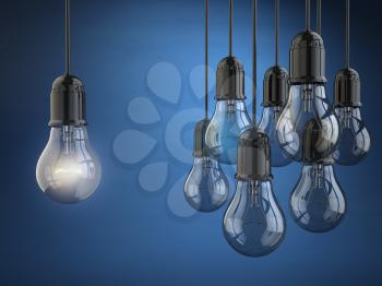 Idea or leadership concept. Group of light bulbs on the blue background. 3d