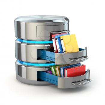 Database storage concept. Hard disk icon with folders  isolated on white. 3d