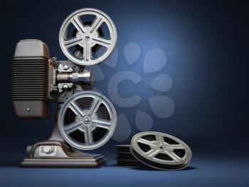Video, cinema concept. Vintage film movie projector and reels on blue background. 3d