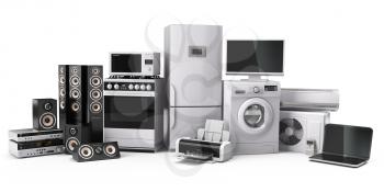 Home appliances. Gas cooker, tv cinema, refrigerator air conditioner microwave, laptop and washing machine. 3d