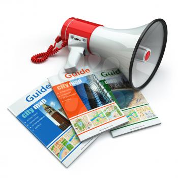 Travel guide books  and megaphone on white isolated background. Audioguide concept.