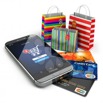 E-commerce. Online internet shopping. Mobile phone, shopping bags and credirt cards.  3d