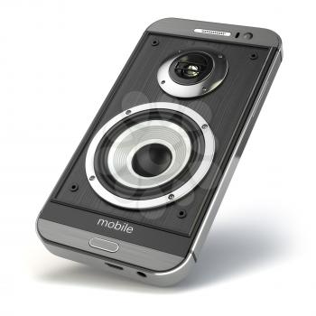 Musical smartphone.Mobile phone music app. Cellphone and loudspeakers. 3d