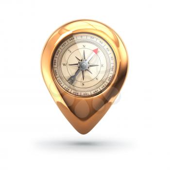 Navigation concept. Pin with compass isolated on white. 3d