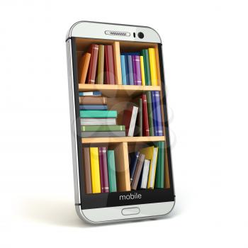 E-learning education or internet library concept. Smartphone and books. 3d