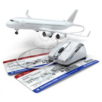 Online booking flight or travel concept. Computer mouse, airline tockets and airplane. 3d