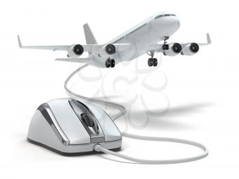 Online booking flight or travel concept. Computer mouse and airplane. 3d