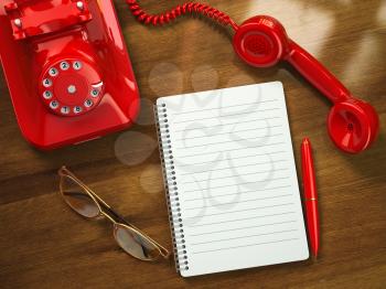 Vintage business concept. Retro telephone, notebook, pen and glasses on the table. 3d