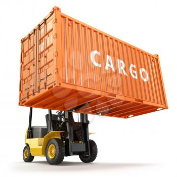 Forklift handling the cargo shipping container box. 3d