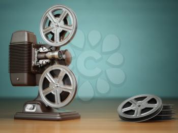Video, cinema concept. Vintage film movie projector and reels on green background. 3d