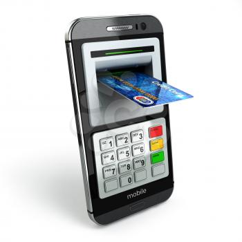 Mobile banking concept. Smartphone as ATM and credit cards. 3d