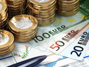 Financial stock market concept. Euro banknotes and coins. 3d