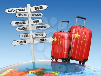 Travel concept. Suitcases and signpost what to visit in China. 3d