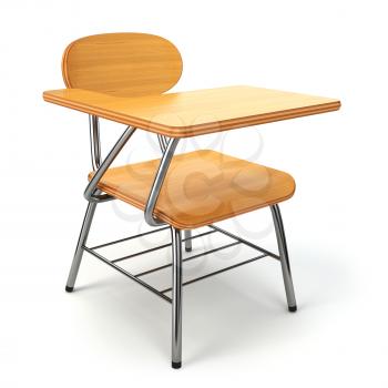 Wooden school desk and chair isolated on white. 3d