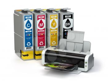 Inkjet CMYK cartridges and printer isolated on white. 3d