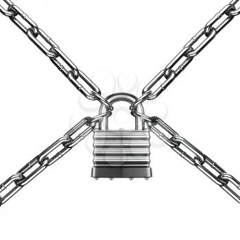 Security concept. Lock and chain. Under protection. 3d