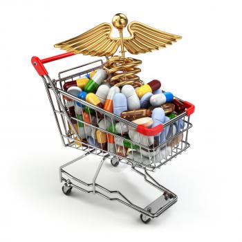 Pharmacy medicine concept. Shopping cart with pills and caduceus symbol. 3d