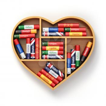 Bookshelf with ictionaries in form of heart. Learning language concept background. 3d