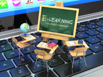 E-learning, online education concept. Blackboard and school desks on laptop keyboard. 3d